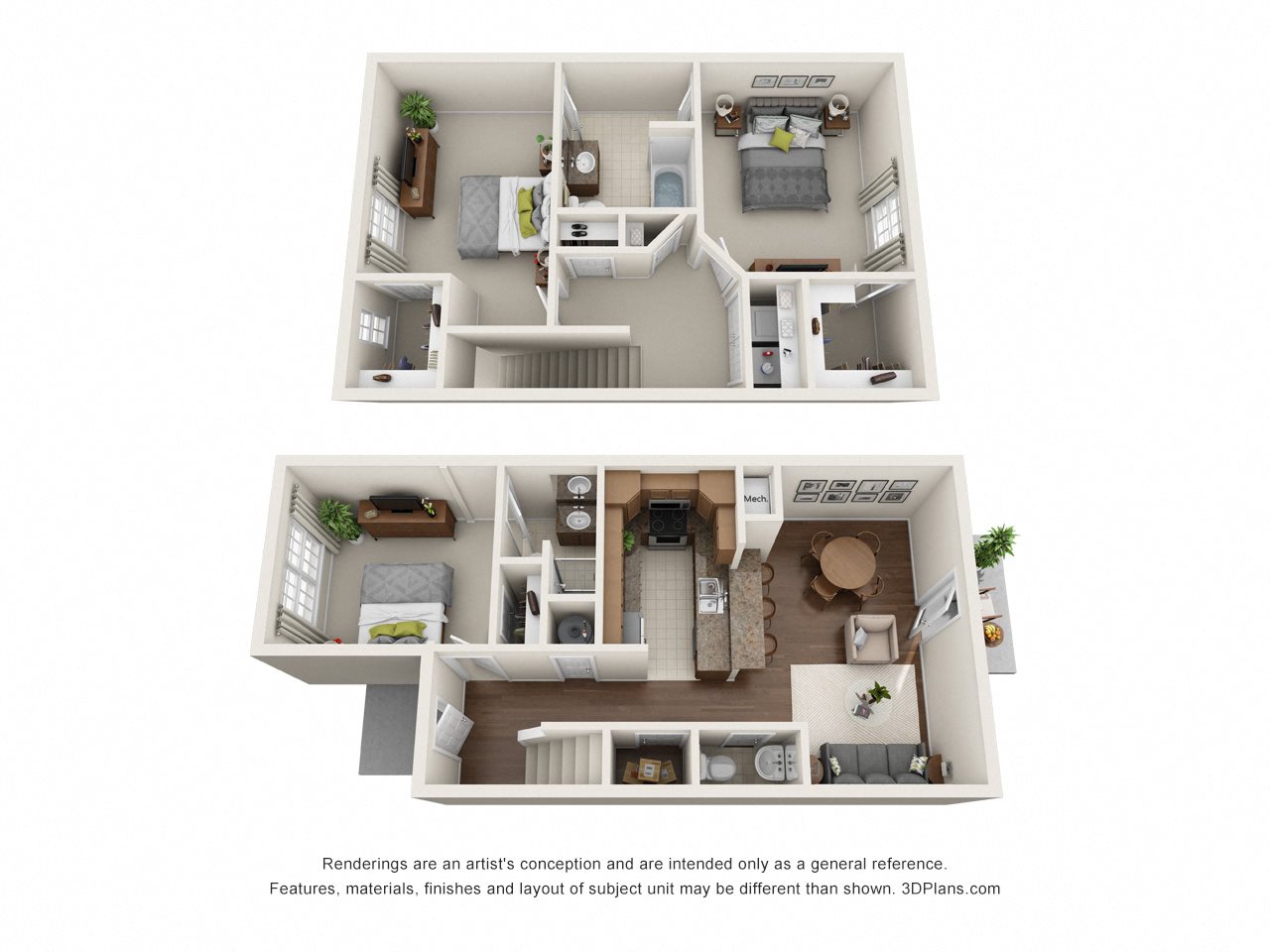 3 dimensional floorplan view of 3 bedroom apartments floorplan of 3 bedroom units with garages